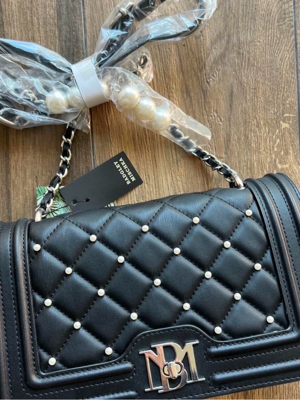 Badgley Mischka Black Quilted Crossbody with Pearl Studs